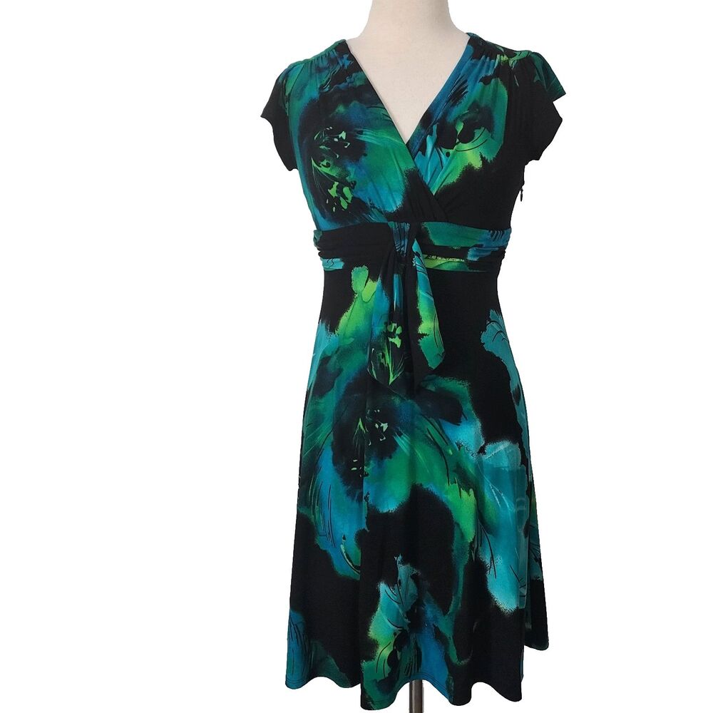 Evan Picone Dress Womens 2P Black Watercolor Floral Fit & Flare Knee Length